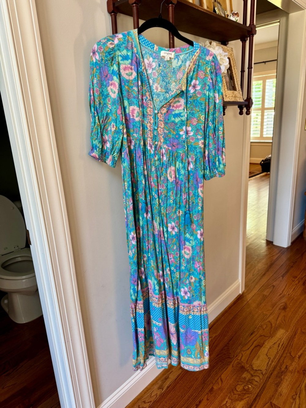 Umgee Teal Floral Maxi Dress with Puff Sleeves